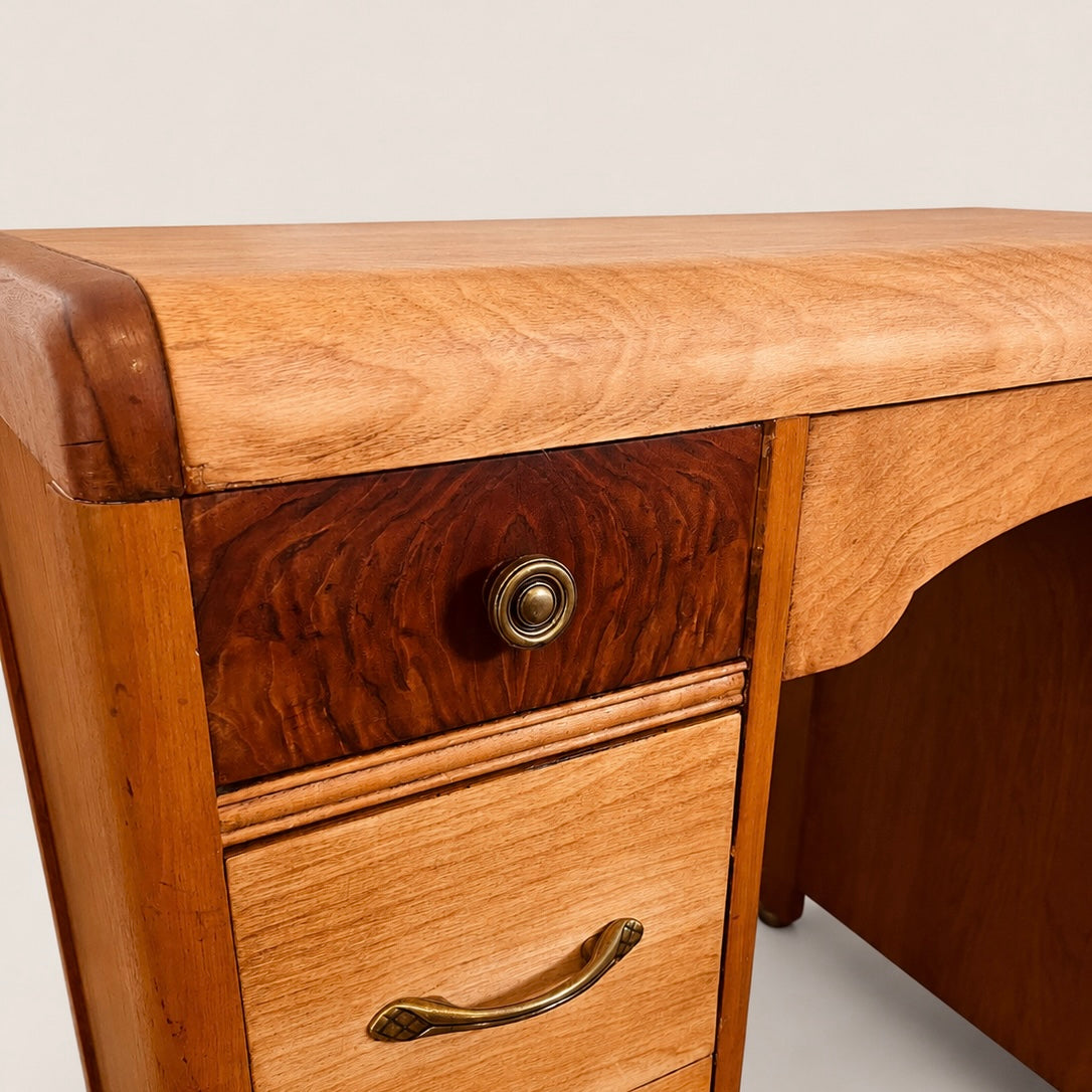 Vintage Art Deco Waterfall Double-Pedestal Wooden Desk/vanity