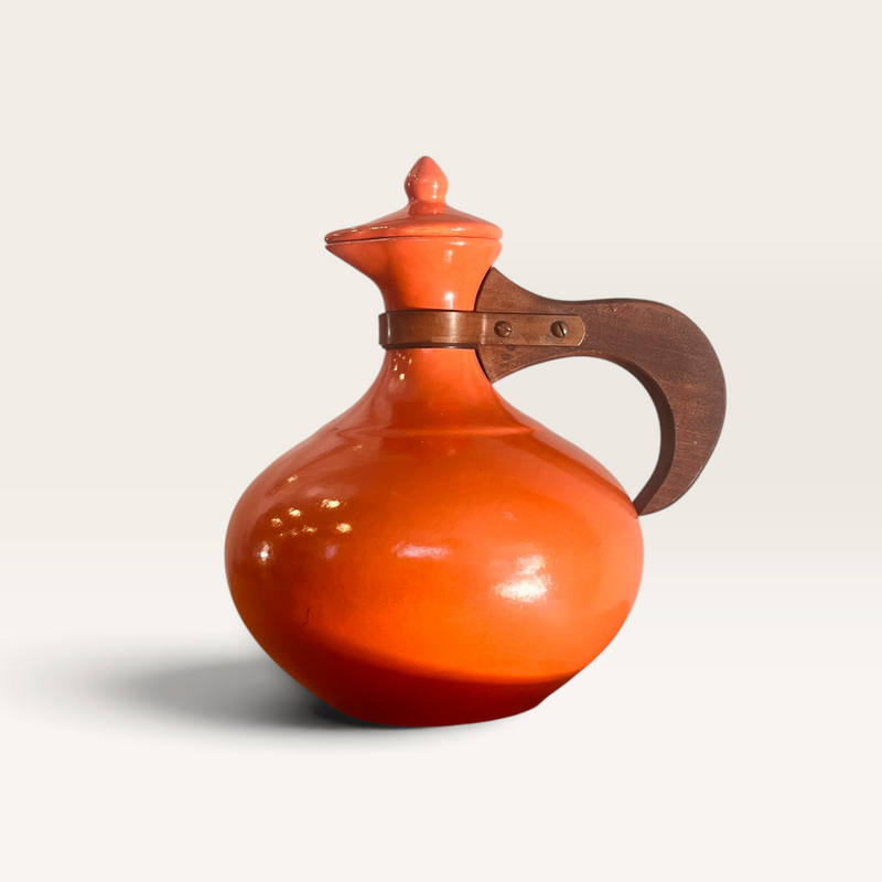 Vintage Bauer Pottery Orange Coffee Carafe with Wood Handle & Lid - MCM