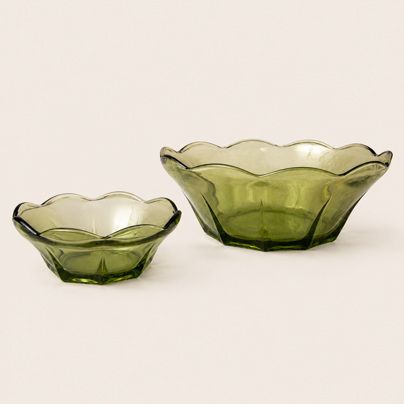 Vintage Anchor Hocking "Swedish Modern" Avocado Green Glass Chip & Dip Bowl Set - 2 Pieces