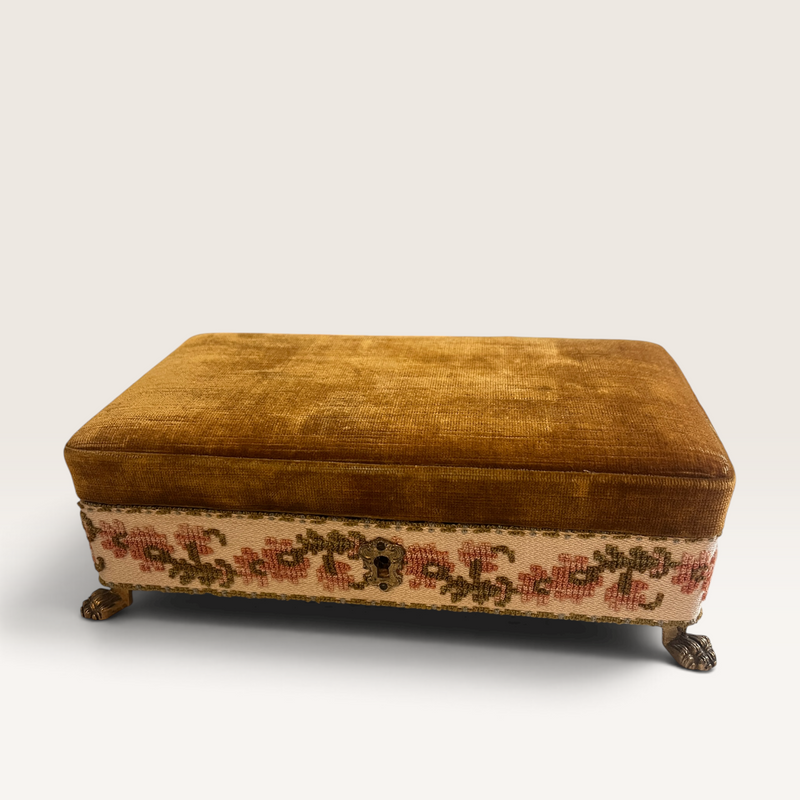 Vintage Saks Fifth Avenue Italian Velvet Jewelry Casket Box with Floral Trim & Paw Feet