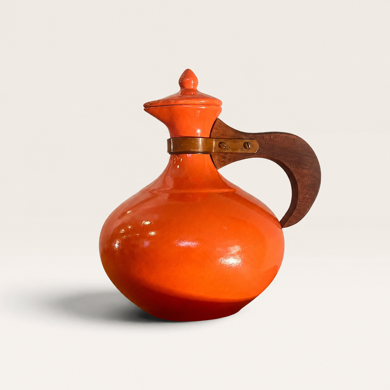 Vintage Bauer Pottery Orange Coffee Carafe with Wood Handle & Lid - MCM