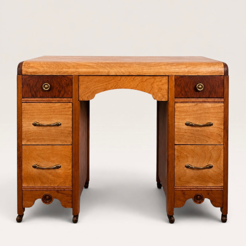Vintage Art Deco Waterfall Double-Pedestal Wooden Desk/vanity