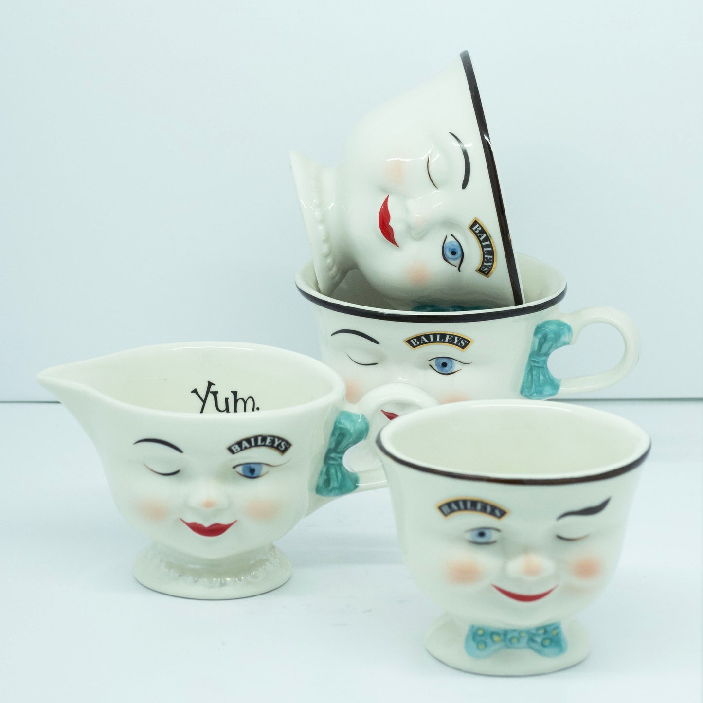 Vintage Baileys Face Tea Cups With Cream and Sugar Bowls