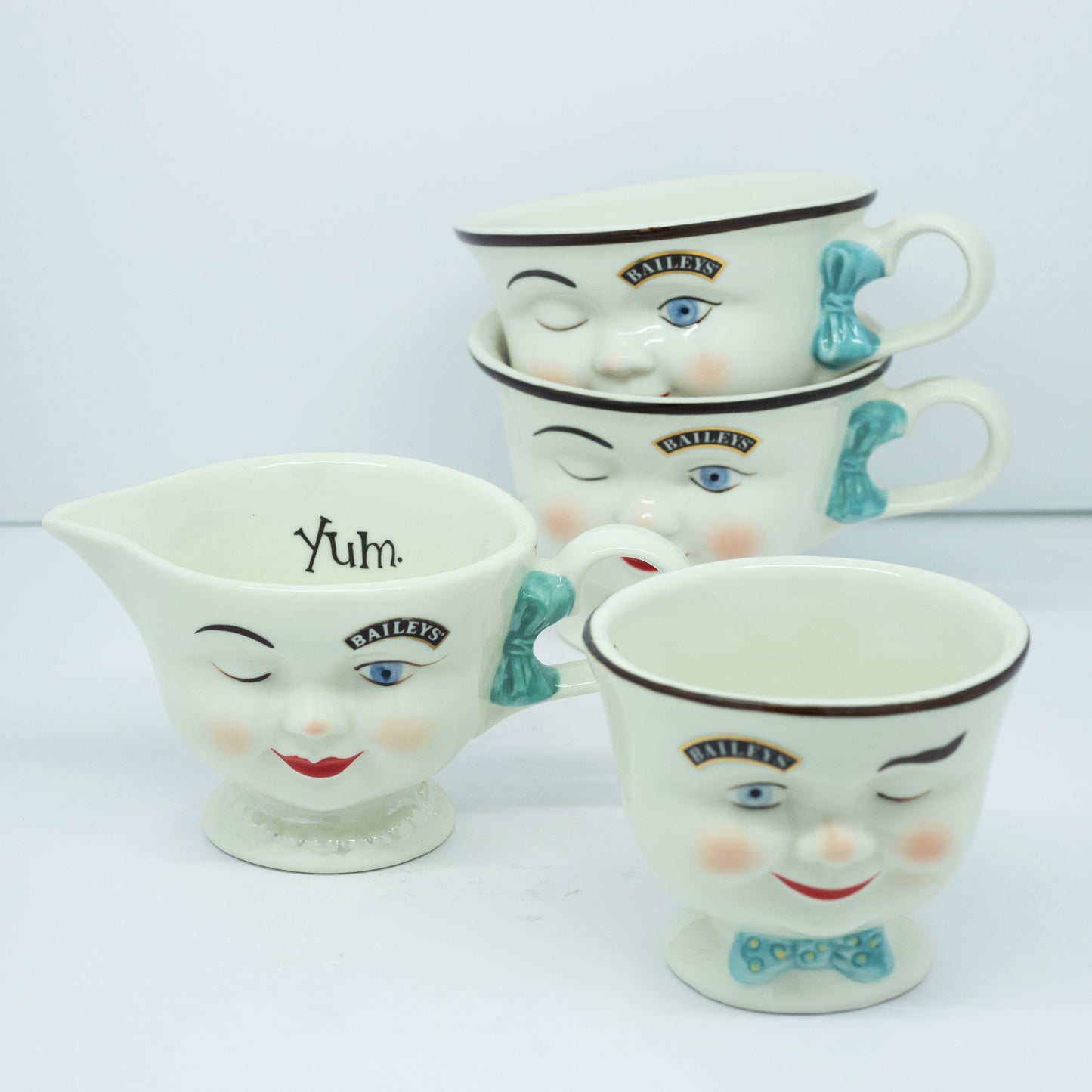 Vintage Baileys Face Tea Cups With Cream and Sugar Bowls