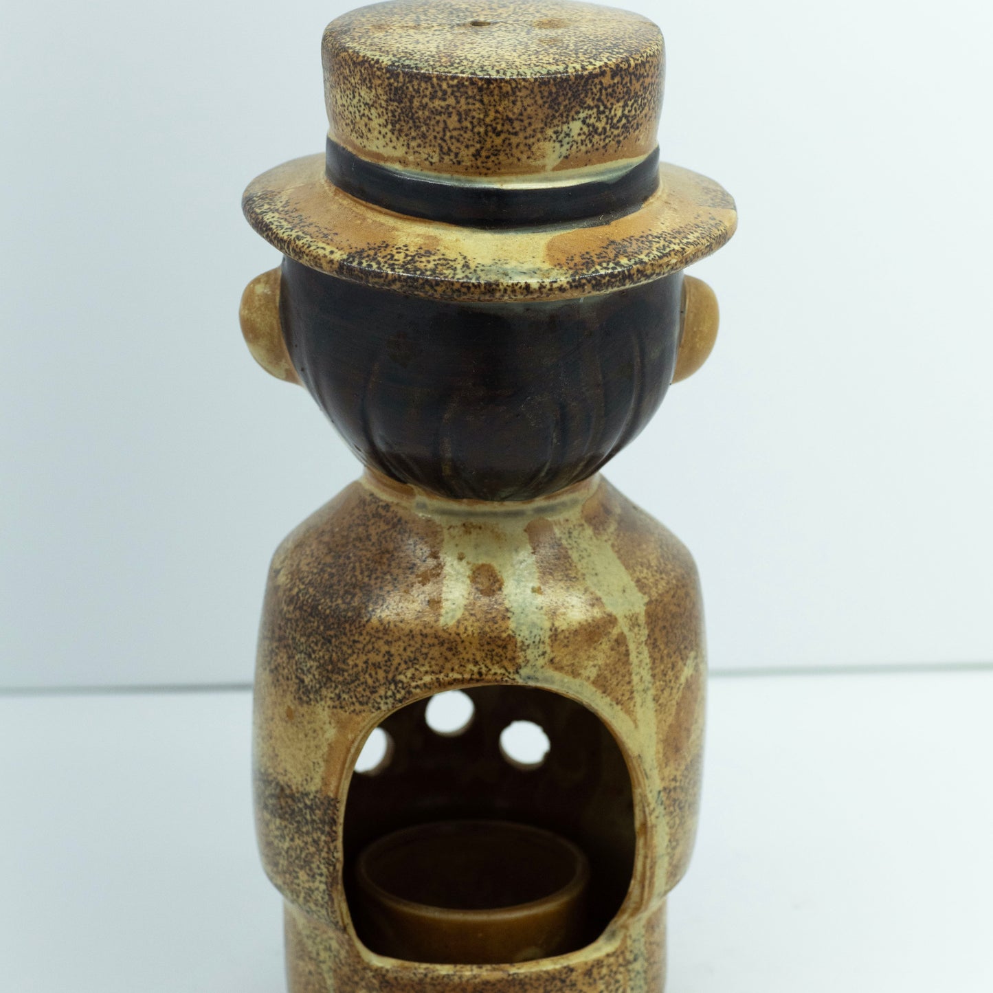 Vintage Nagoya Japan Stoneware Candle / Incense Holder Retro Man with Hat