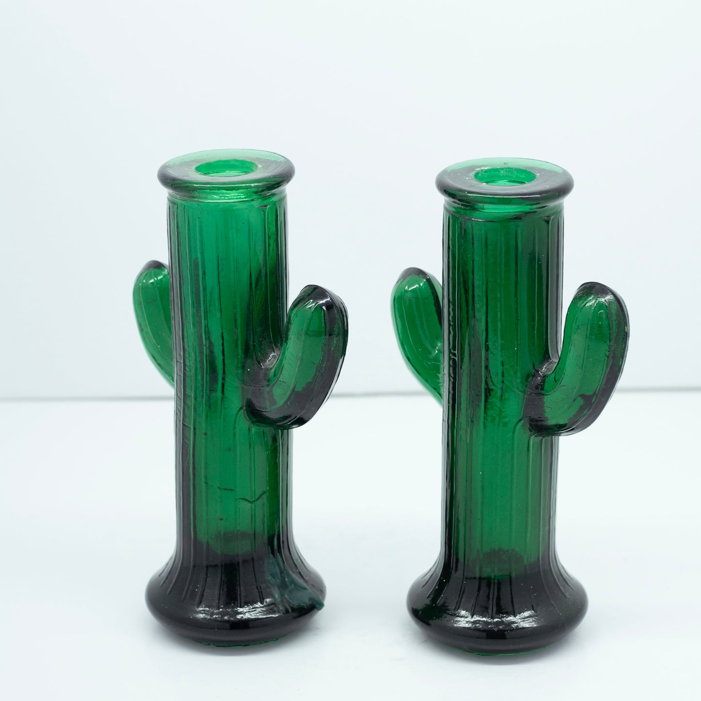 Green Glass Cactus Candle Holders - Vintage