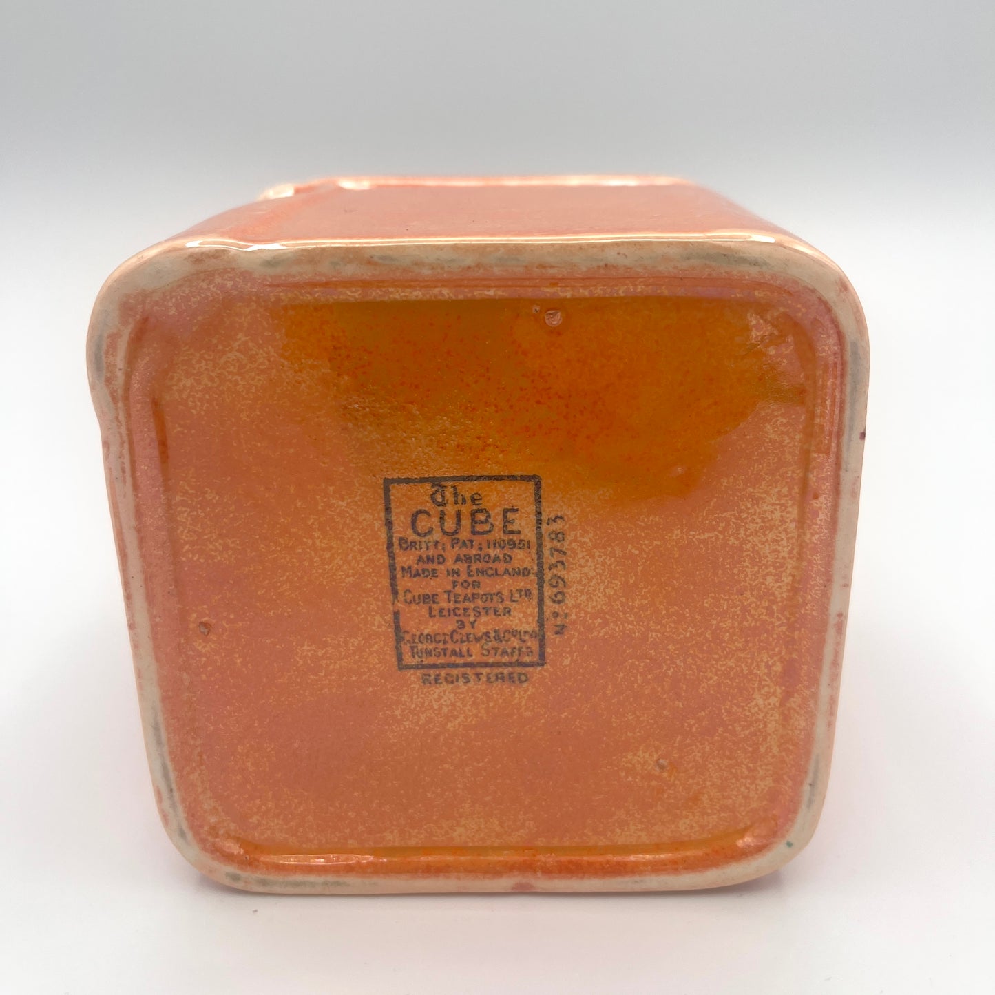 Vintage 1930s Art Deco "The Cube" Ceramic Teapot Base & Matching Lid – Speckled Orange-Brown Glaze by George Clews & Co.