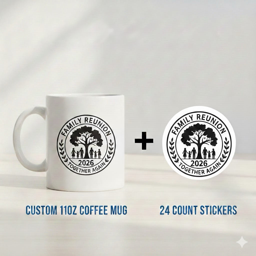 Bundle and Save - Custom 11oz Coffee Mug + 24 count Custom Sticker Bundle