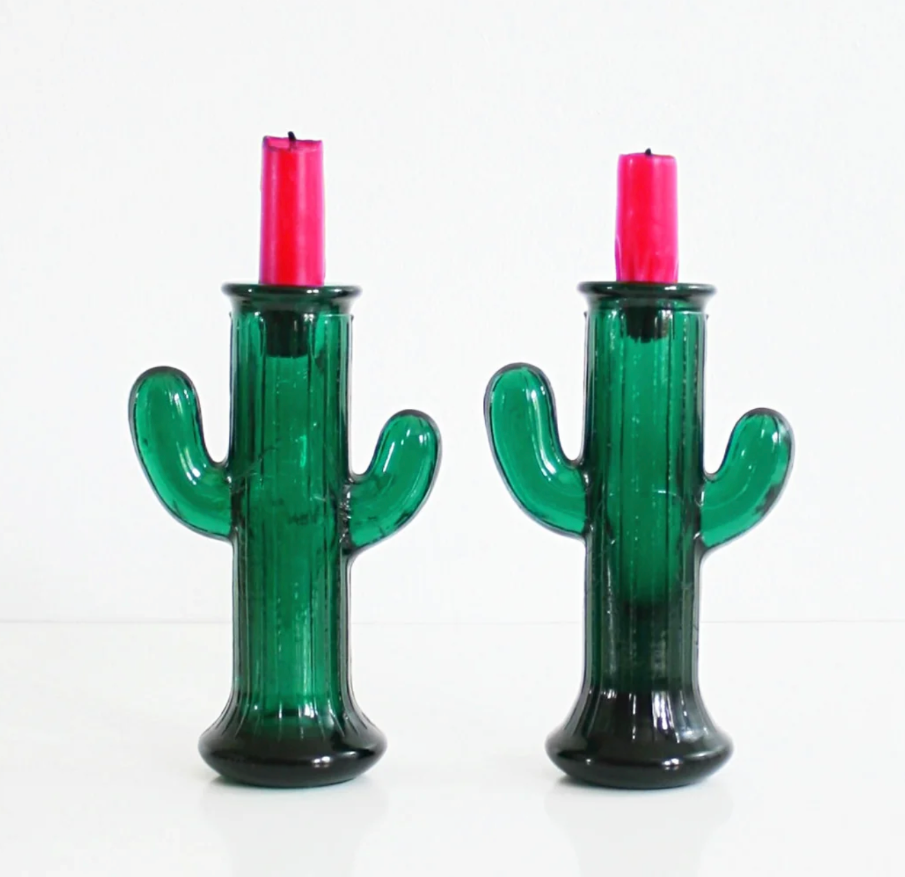 Green Glass Cactus Candle Holders - Vintage
