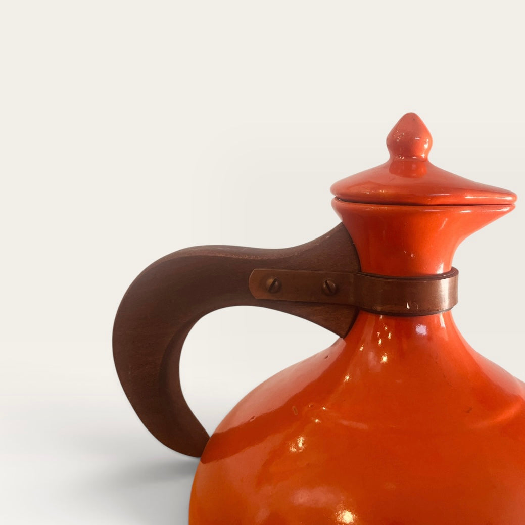 Vintage Bauer Pottery Orange Coffee Carafe with Wood Handle & Lid - MCM