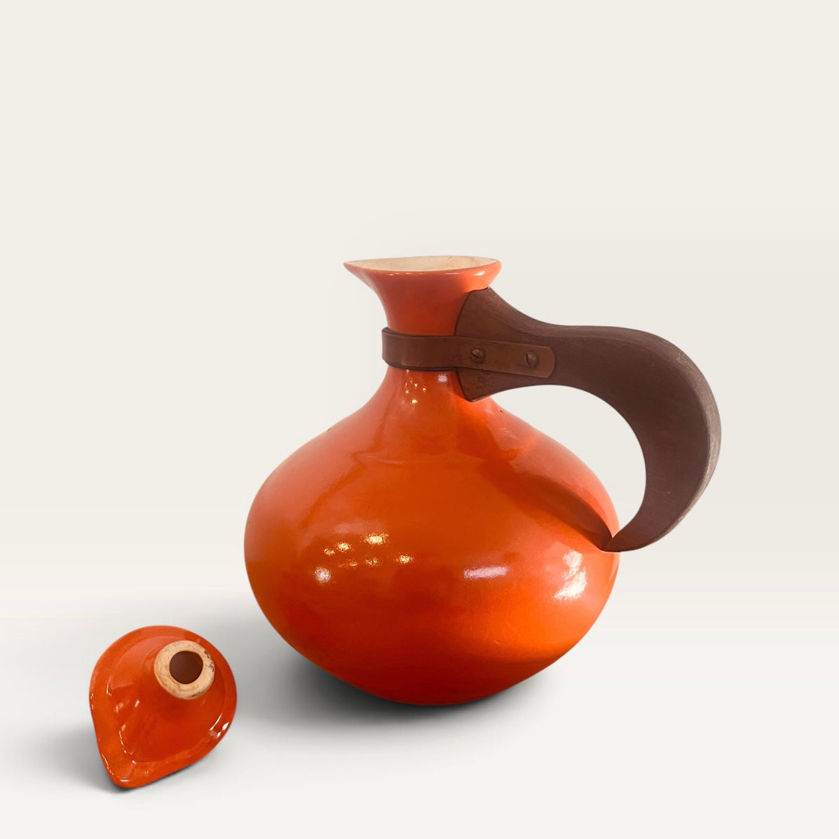 Vintage Bauer Pottery Orange Coffee Carafe with Wood Handle & Lid - MCM