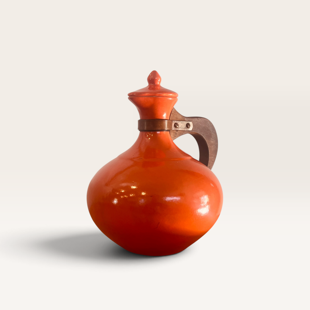 Vintage Bauer Pottery Orange Coffee Carafe with Wood Handle & Lid - MCM