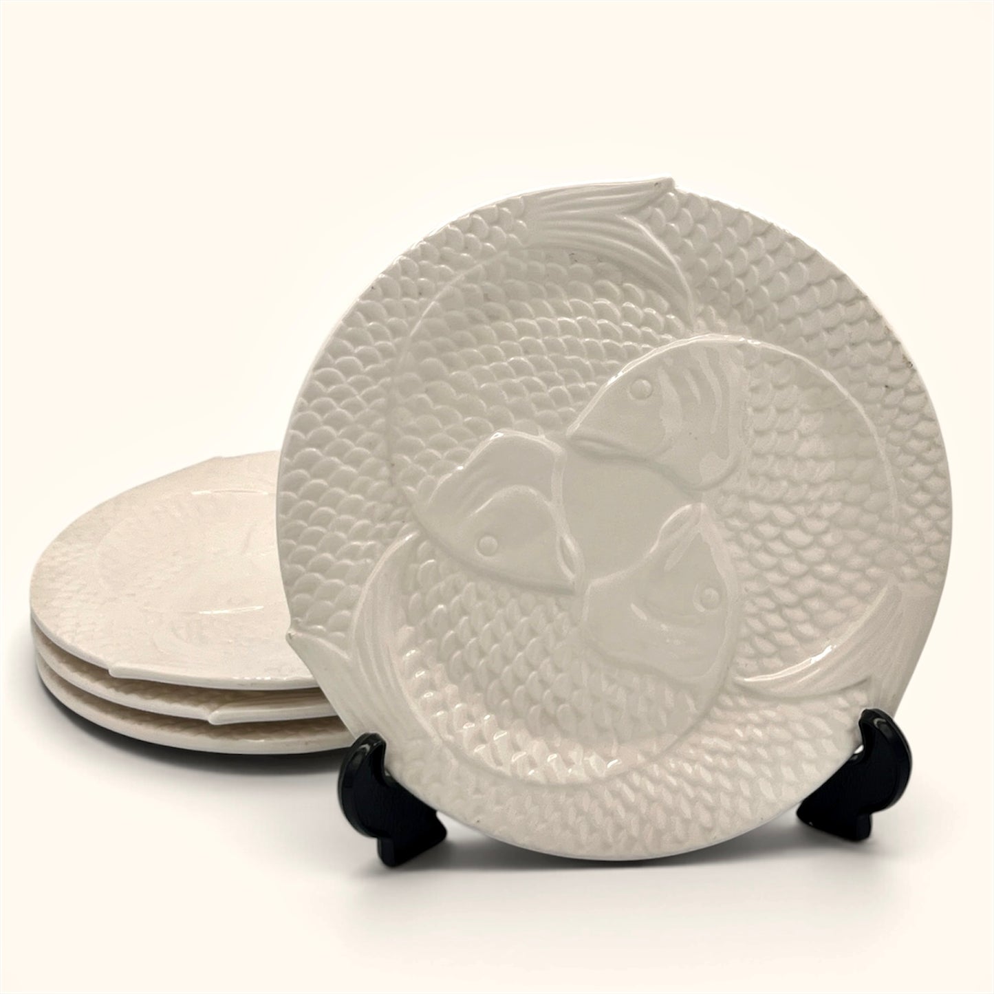 Embossed Fish Dinner Plates — Set of 4 Japan- Made for Abbott 1970