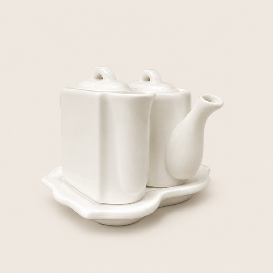 Vintage Restoration Hardware ceramic tea/condiment sets, circa 2001.