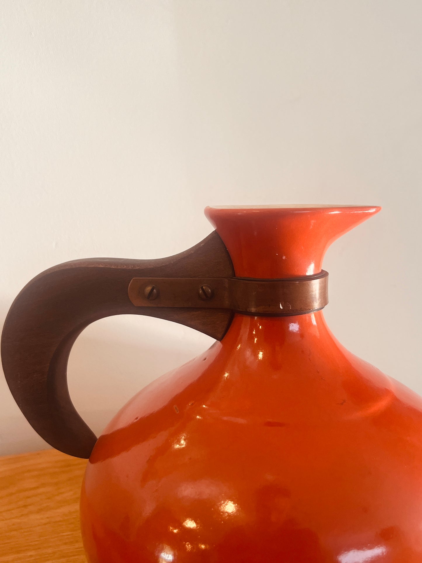 Vintage Bauer Pottery Orange Coffee Carafe with Wood Handle & Lid - MCM