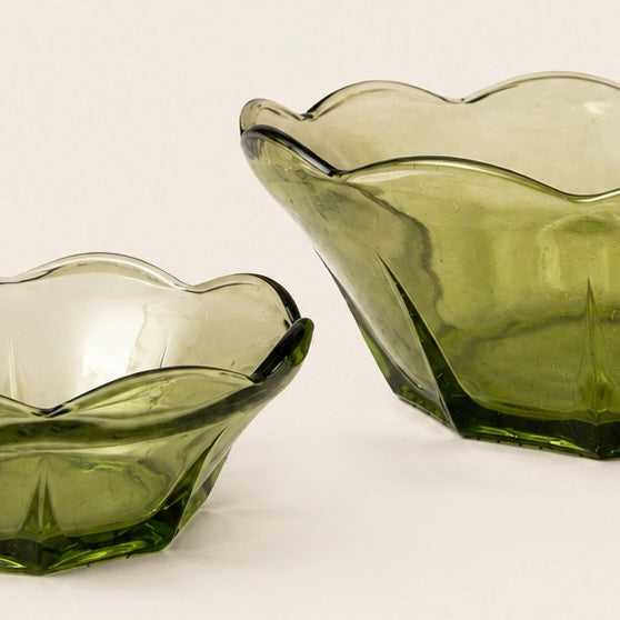 Vintage Anchor Hocking "Swedish Modern" Avocado Green Glass Chip & Dip Bowl Set - 2 Pieces