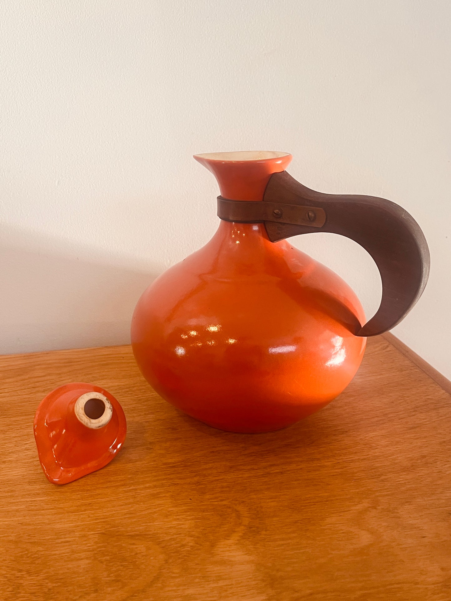 Vintage Bauer Pottery Orange Coffee Carafe with Wood Handle & Lid - MCM
