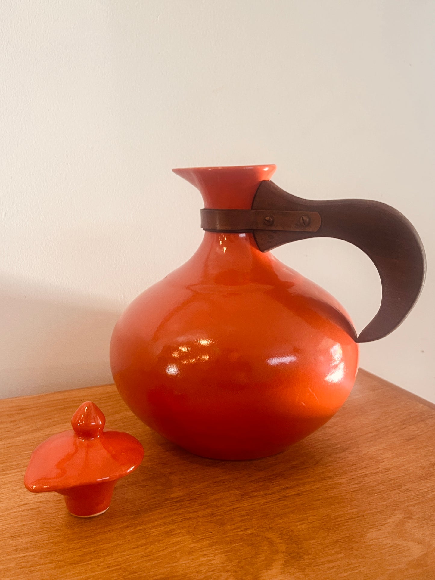 Vintage Bauer Pottery Orange Coffee Carafe with Wood Handle & Lid - MCM