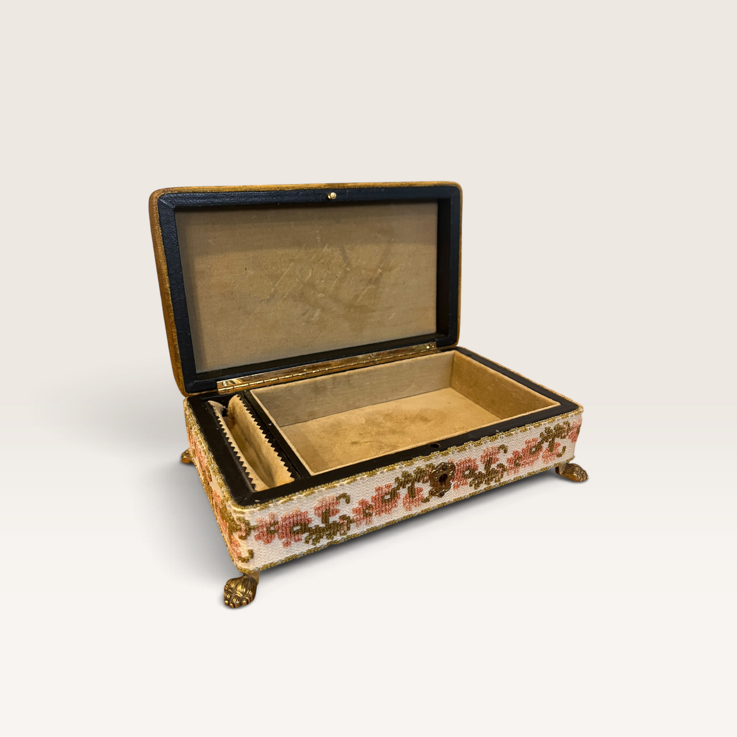 Vintage Saks Fifth Avenue Italian Velvet Jewelry Casket Box with Floral Trim & Paw Feet