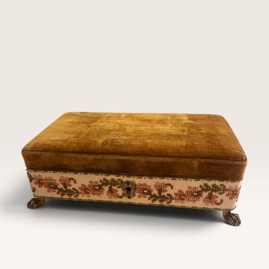 Vintage Saks Fifth Avenue Italian Velvet Jewelry Casket Box with Floral Trim & Paw Feet