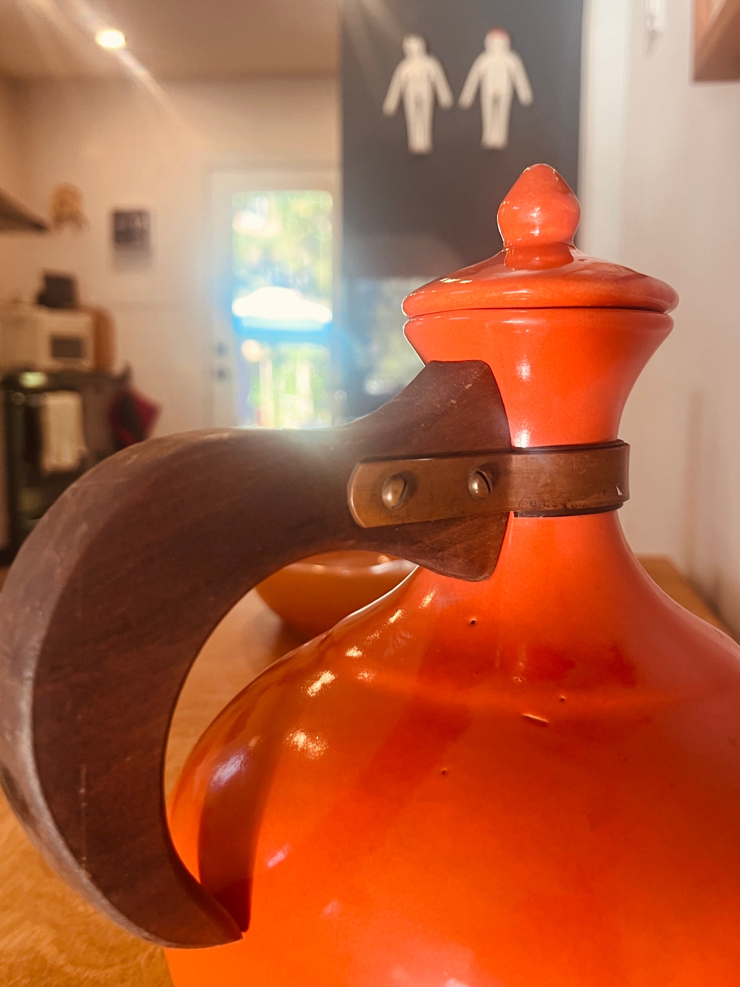 Vintage Bauer Pottery Orange Coffee Carafe with Wood Handle & Lid - MCM
