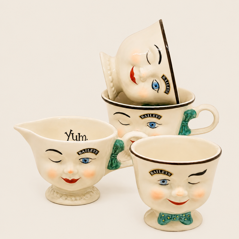 Vintage Baileys Face Tea Cups With Cream and Sugar Bowls