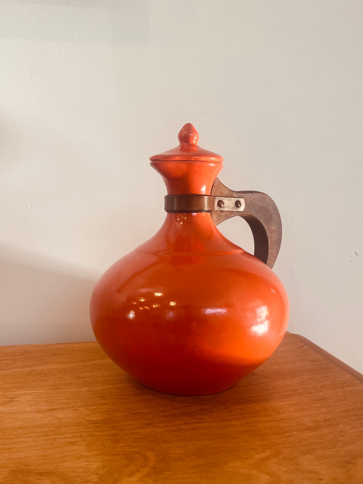 Vintage Bauer Pottery Orange Coffee Carafe with Wood Handle & Lid - MCM