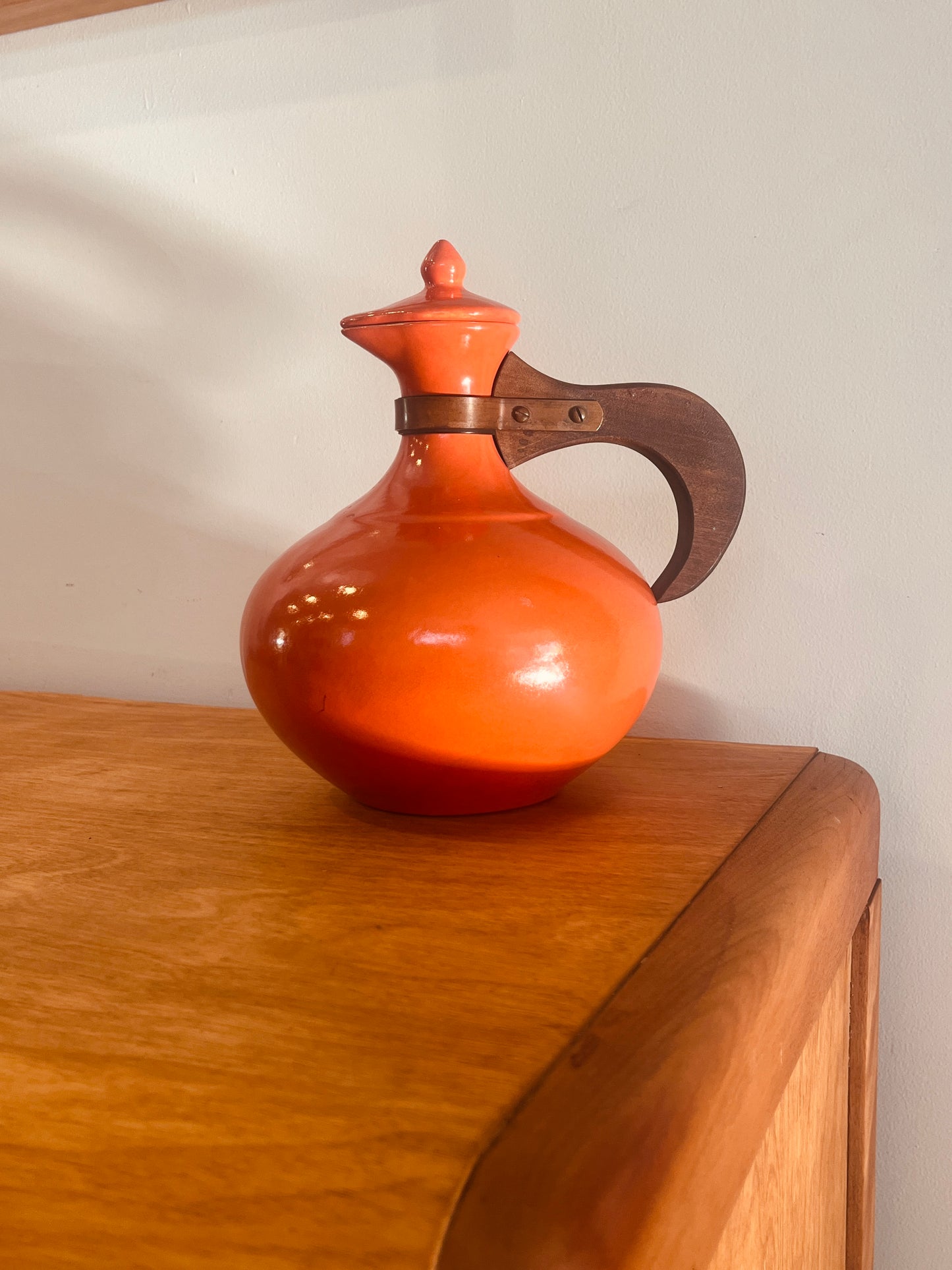 Vintage Bauer Pottery Orange Coffee Carafe with Wood Handle & Lid - MCM