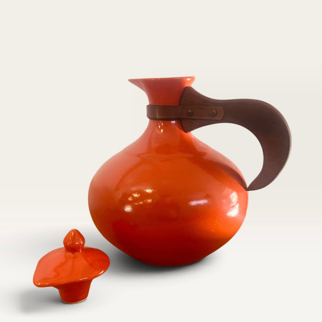 Vintage Bauer Pottery Orange Coffee Carafe with Wood Handle & Lid - MCM