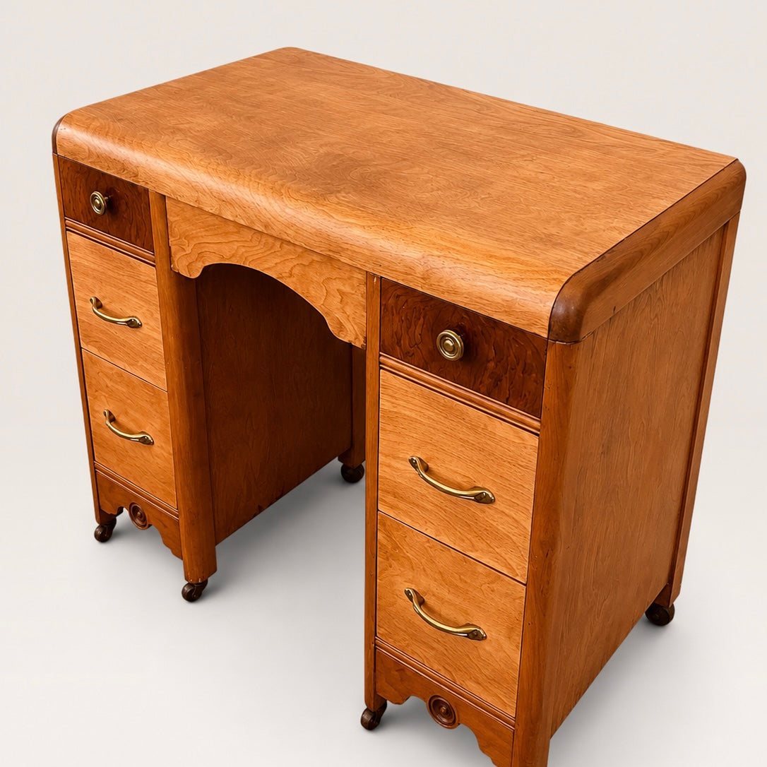 Vintage Art Deco Waterfall Double-Pedestal Wooden Desk/vanity