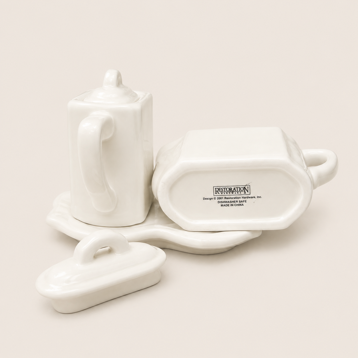 Vintage Restoration Hardware ceramic tea/condiment sets, circa 2001.