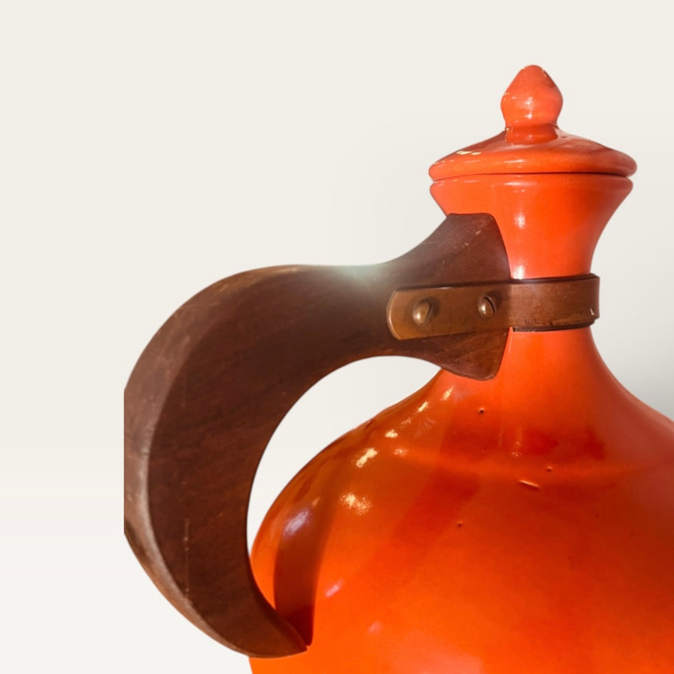 Vintage Bauer Pottery Orange Coffee Carafe with Wood Handle & Lid - MCM