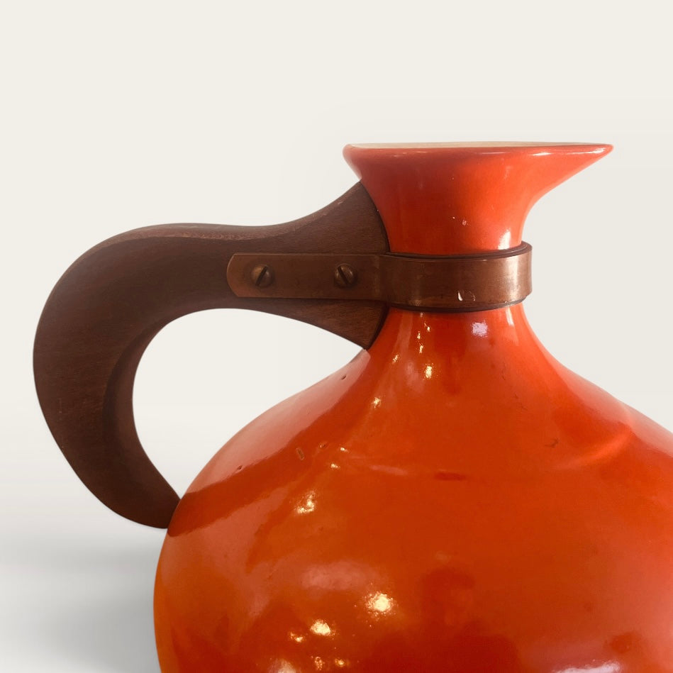 Vintage Bauer Pottery Orange Coffee Carafe with Wood Handle & Lid - MCM