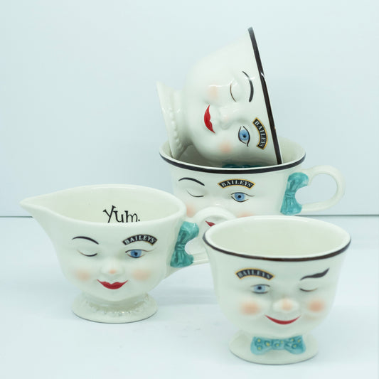 Vintage Baileys Face Tea Cups With Cream and Sugar Bowls