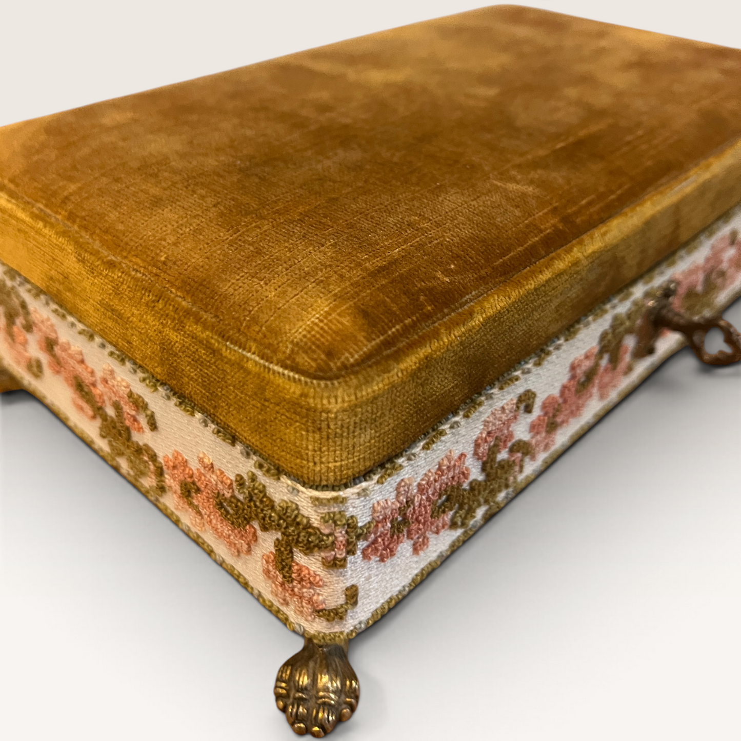 Vintage Saks Fifth Avenue Italian Velvet Jewelry Casket Box with Floral Trim & Paw Feet