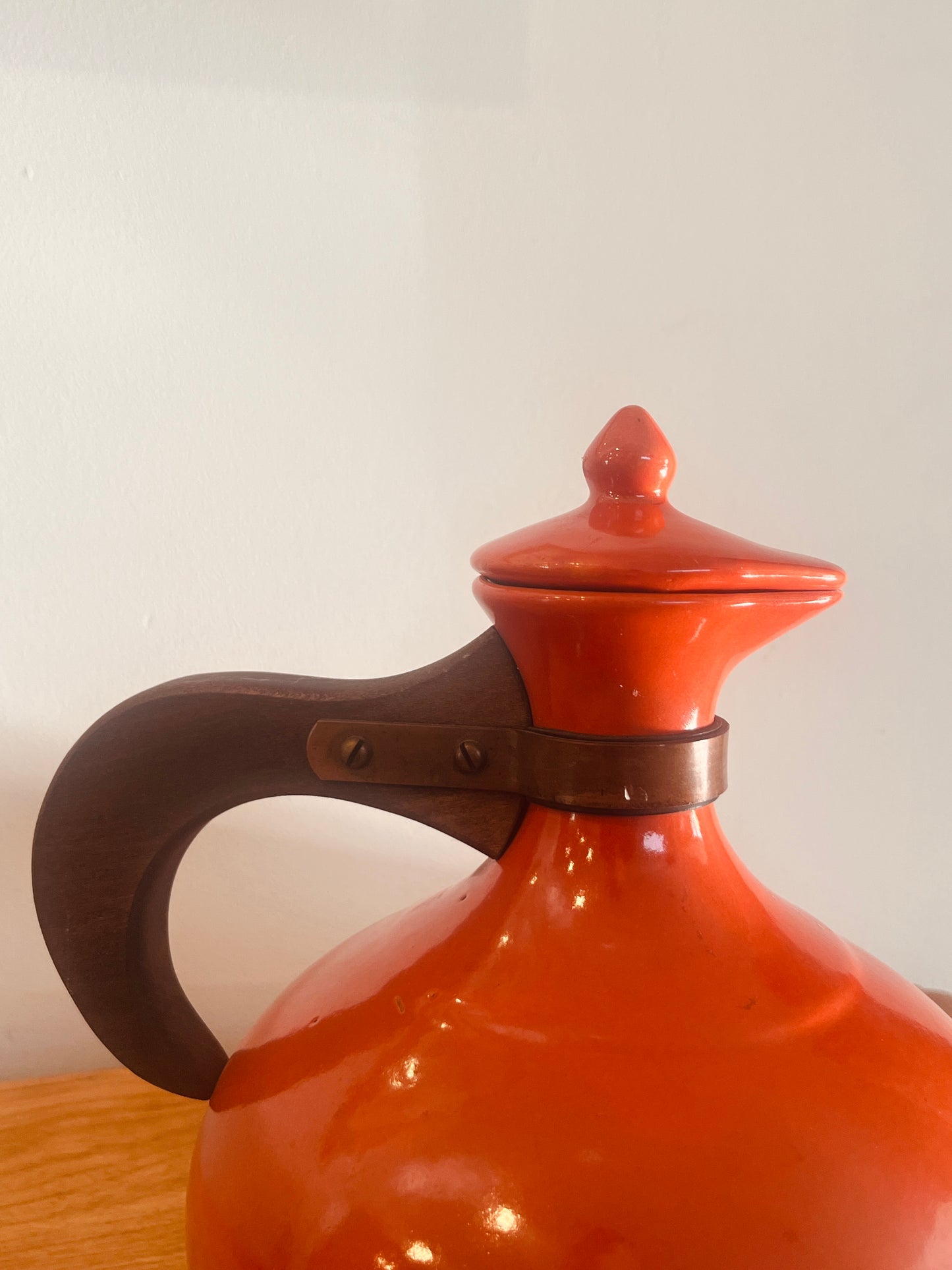 Vintage Bauer Pottery Orange Coffee Carafe with Wood Handle & Lid - MCM