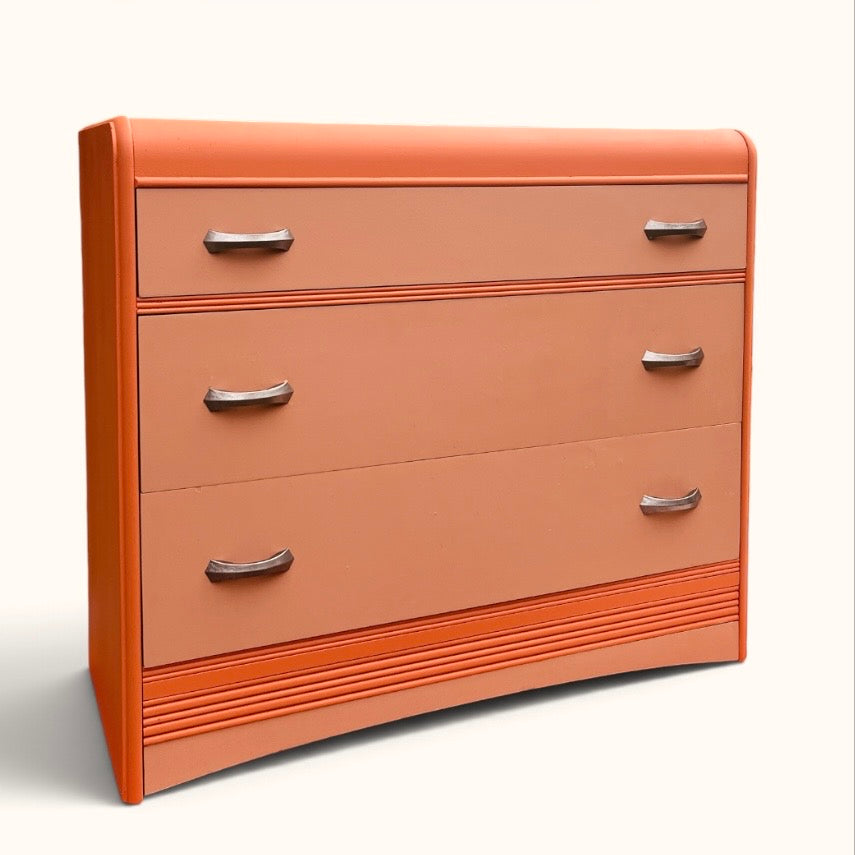 Retro 1950s Henri Vallières Inc. Nicolet, Quebec Orange Waterfall Dresser