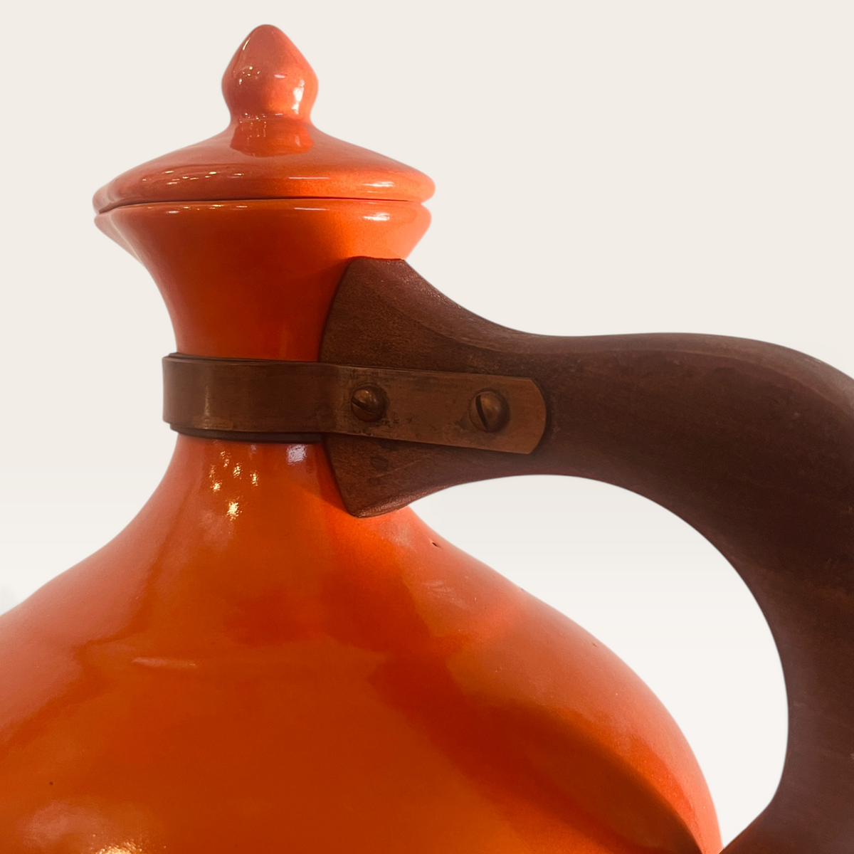 Vintage Bauer Pottery Orange Coffee Carafe with Wood Handle & Lid - MCM