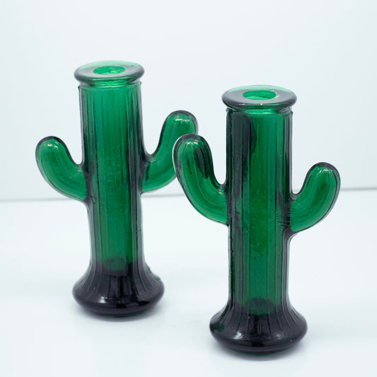 Green Glass Cactus Candle Holders - Vintage