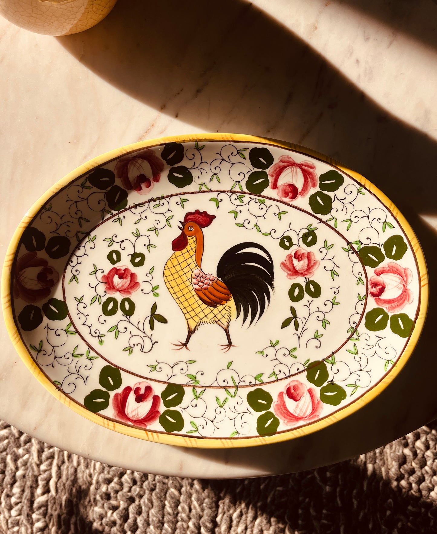 Vintage PY Ucagco Early Provincial Rooster & Roses Oval Serving Platter - Japan