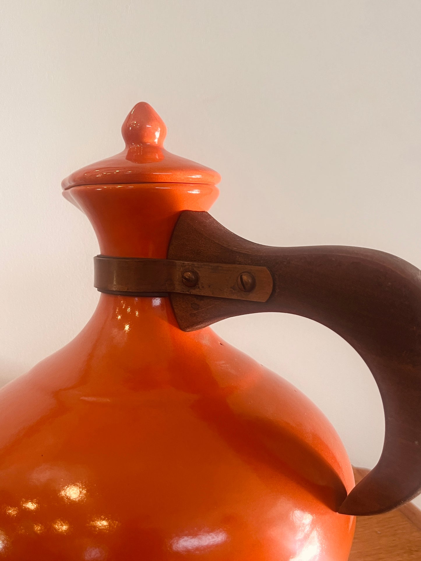 Vintage Bauer Pottery Orange Coffee Carafe with Wood Handle & Lid - MCM