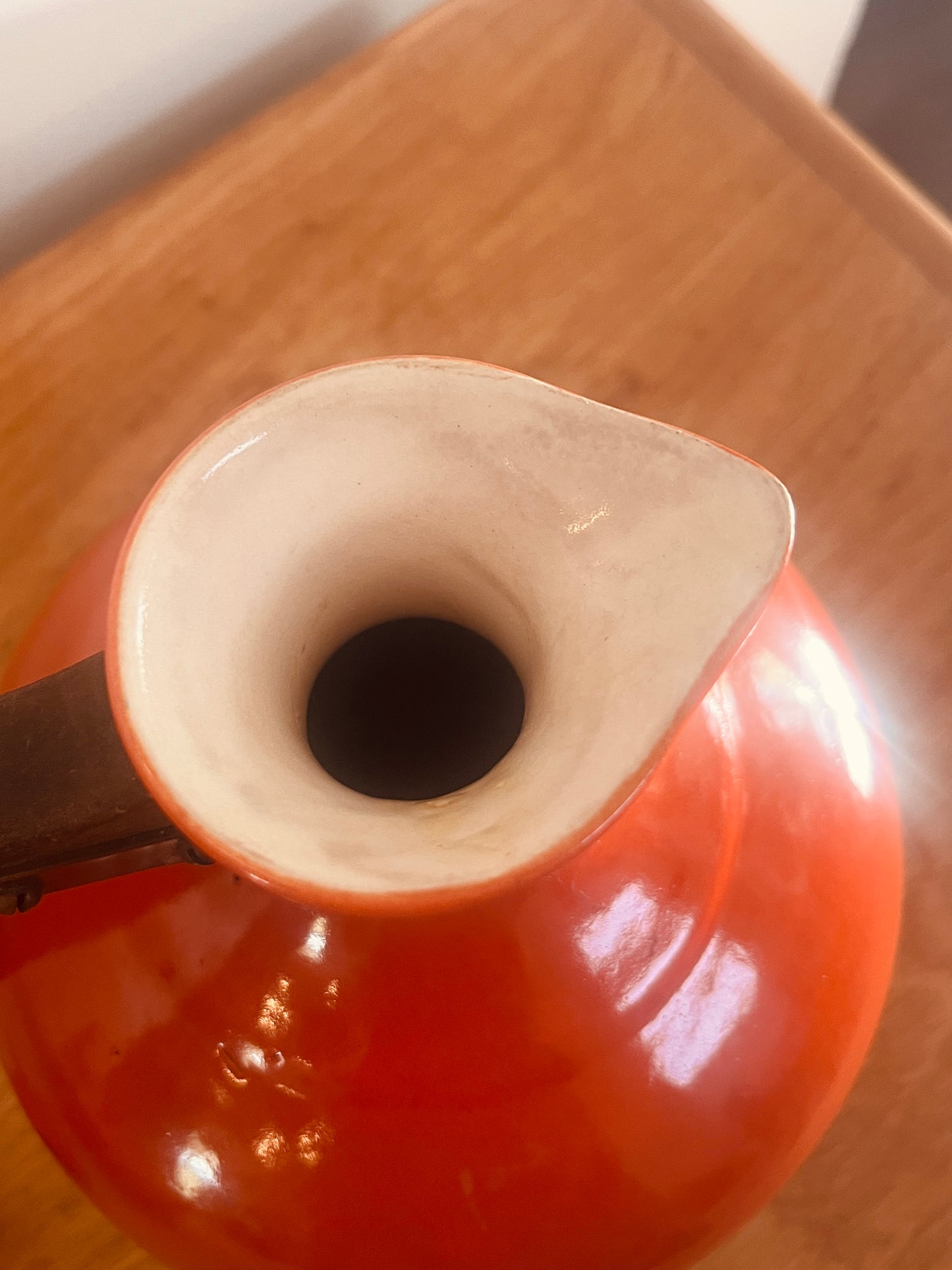 Vintage Bauer Pottery Orange Coffee Carafe with Wood Handle & Lid - MCM