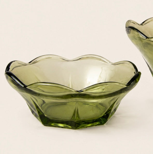 Vintage Anchor Hocking "Swedish Modern" Avocado Green Glass Chip & Dip Bowl Set - 2 Pieces