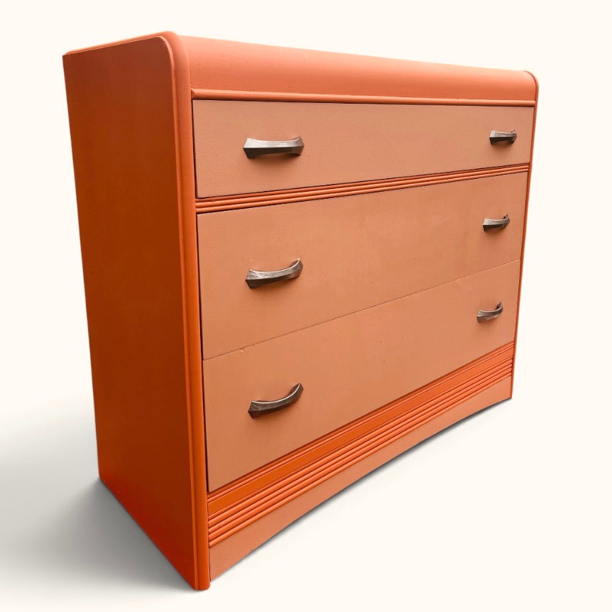 Retro 1950s Henri Vallières Inc. Nicolet, Quebec Orange Waterfall Dresser