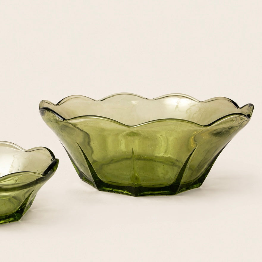Vintage Anchor Hocking "Swedish Modern" Avocado Green Glass Chip & Dip Bowl Set - 2 Pieces