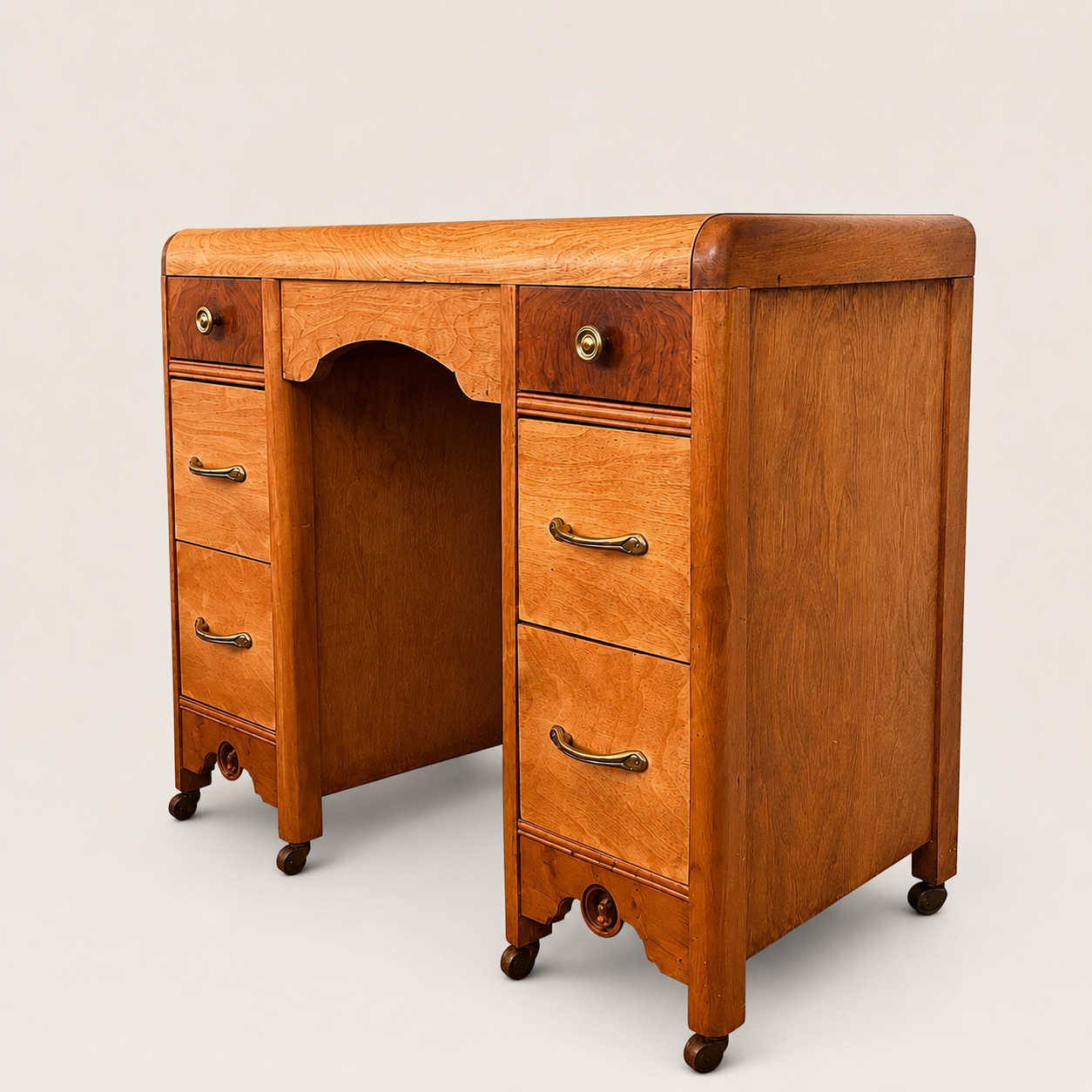 Vintage Art Deco Waterfall Double-Pedestal Wooden Desk/vanity
