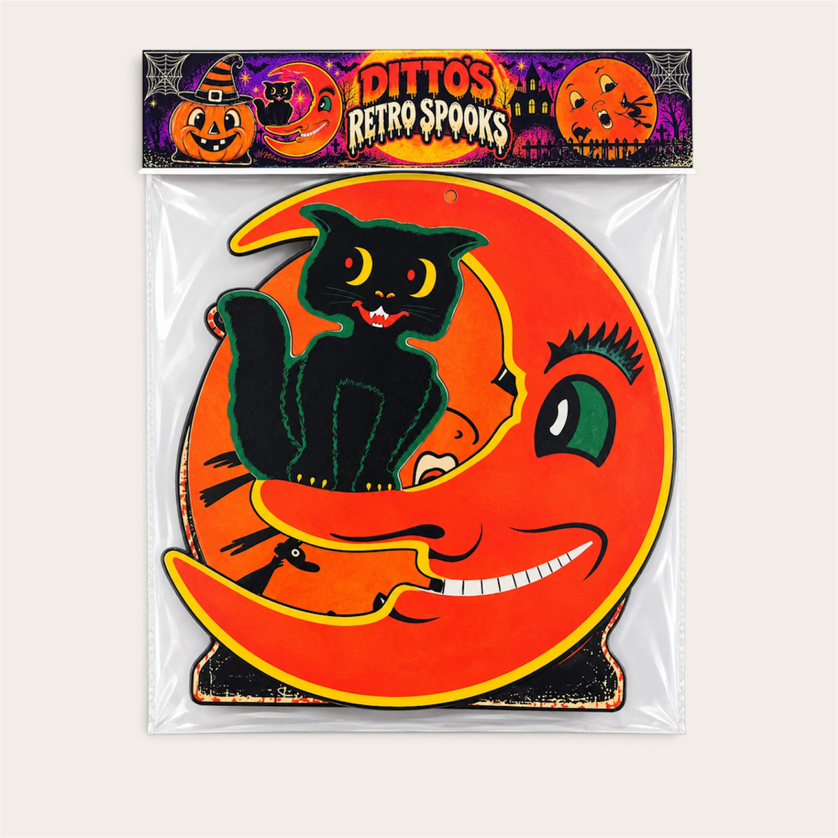 Retro Spooks – Black Cat Pumpkin & Moon Die Cut Laminated Window Cut Out