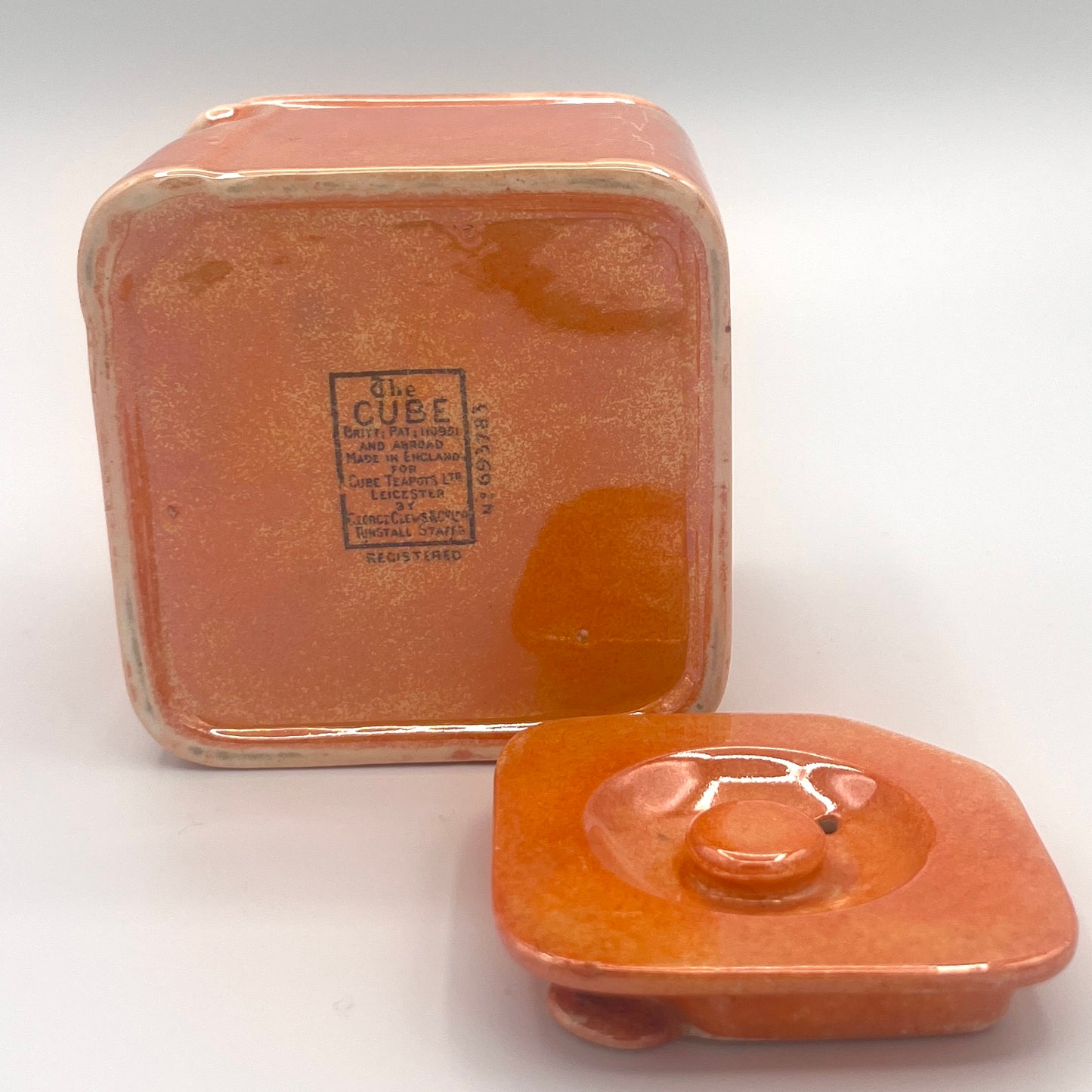 Vintage 1930s Art Deco "The Cube" Ceramic Teapot Base & Matching Lid – Speckled Orange-Brown Glaze by George Clews & Co.