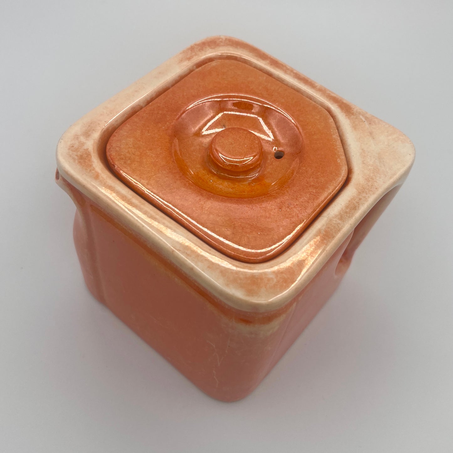 Vintage 1930s Art Deco "The Cube" Ceramic Teapot Base & Matching Lid – Speckled Orange-Brown Glaze by George Clews & Co.