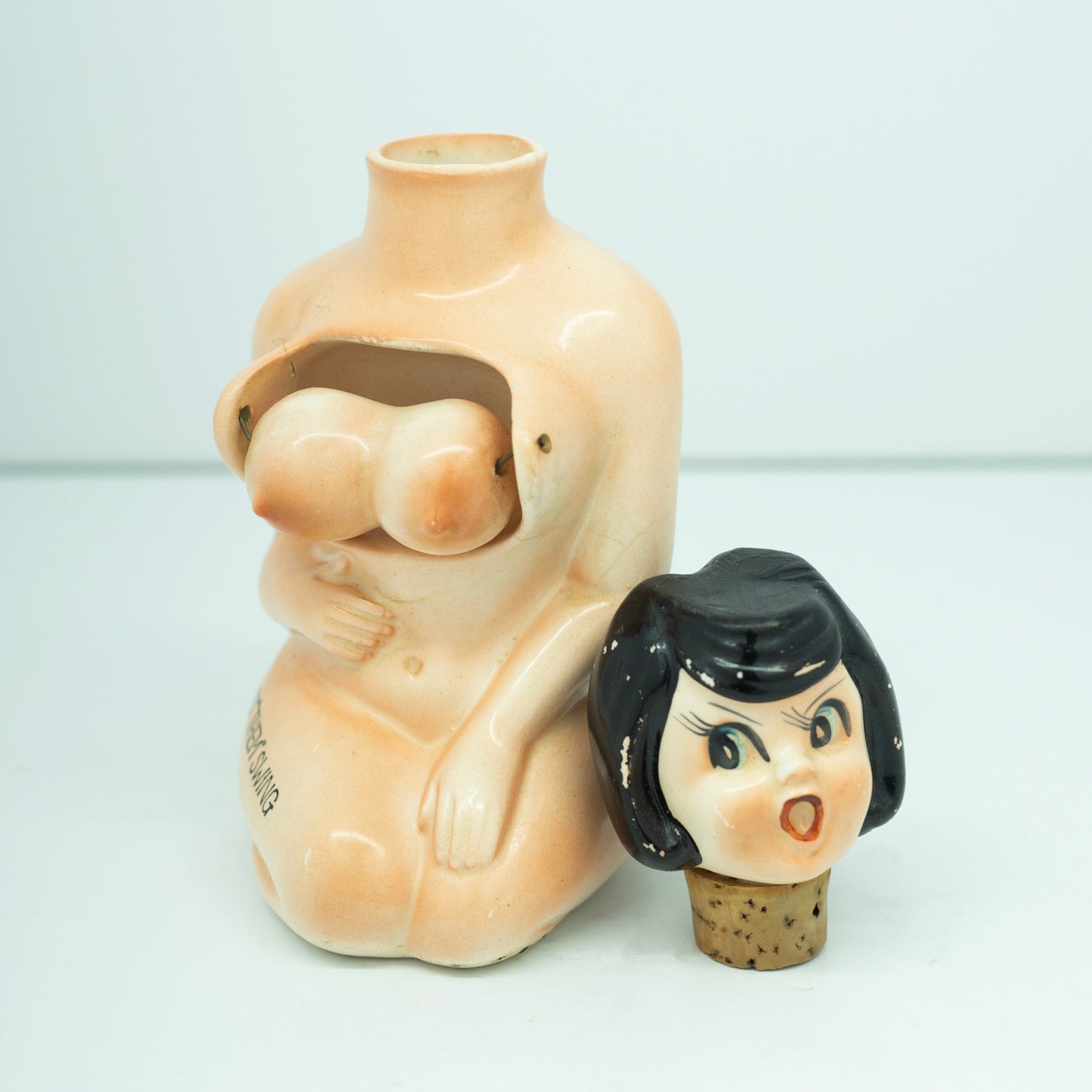 Risqué Ceramic Whiskey Bottle Gal 1950's  - Corked Bottle
